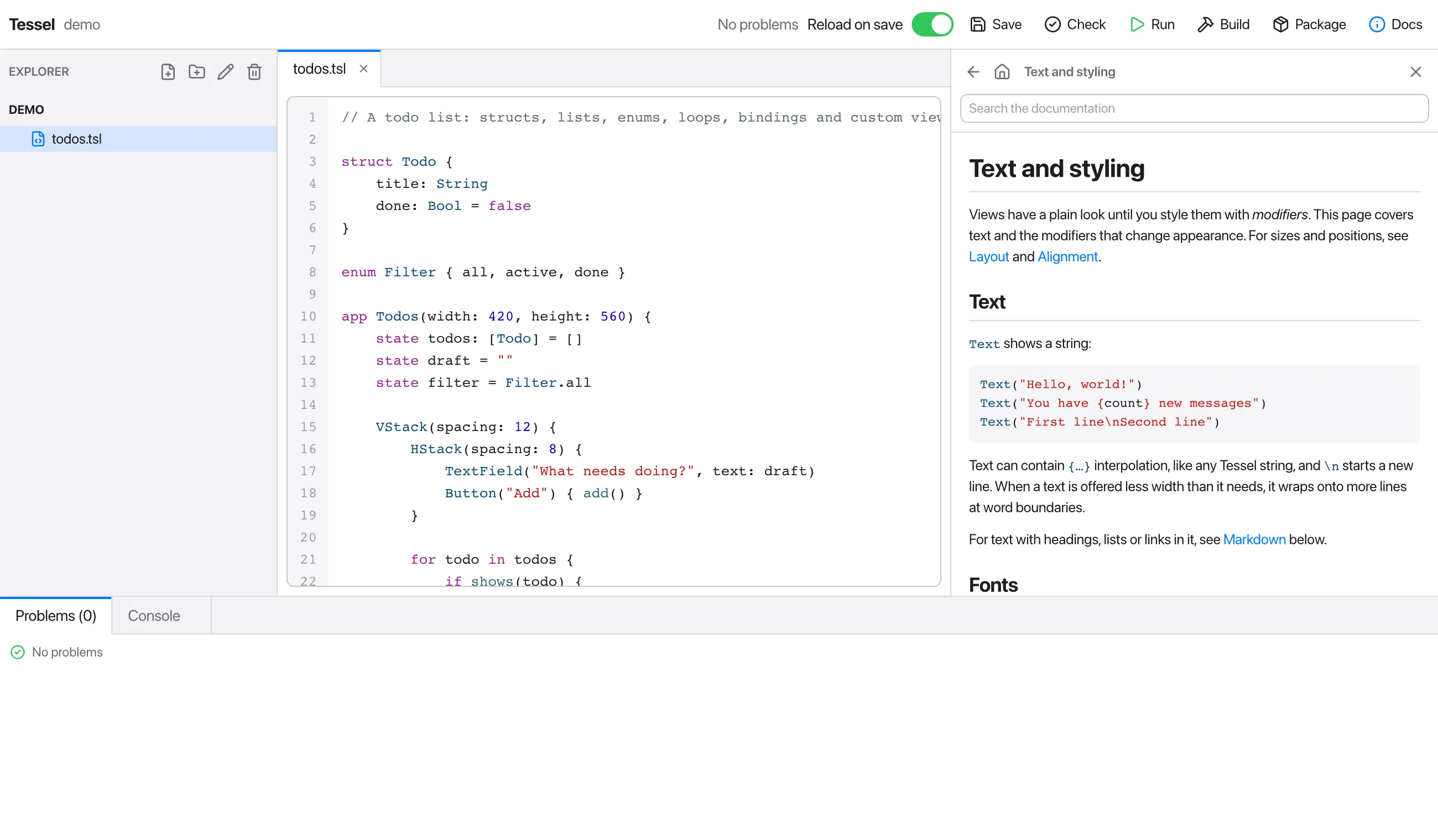 The IDE with the Docs panel open on the right, showing the page "Text and styling" next to the code editor