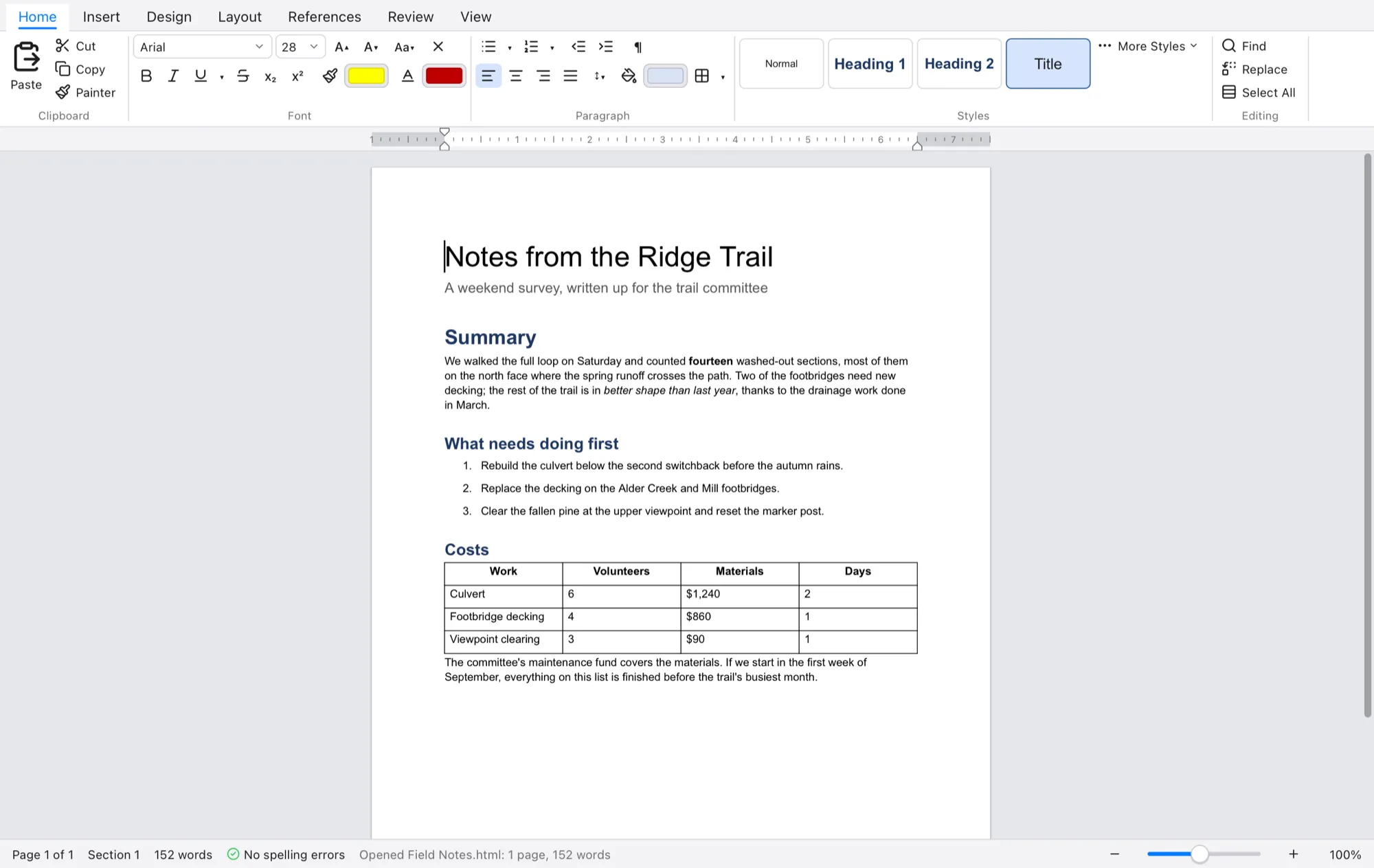 Quill showing a report with a title, headings, a numbered list and a table