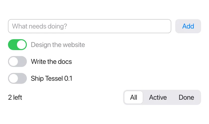 A todo list app with three items, one done, and an All / Active / Done picker