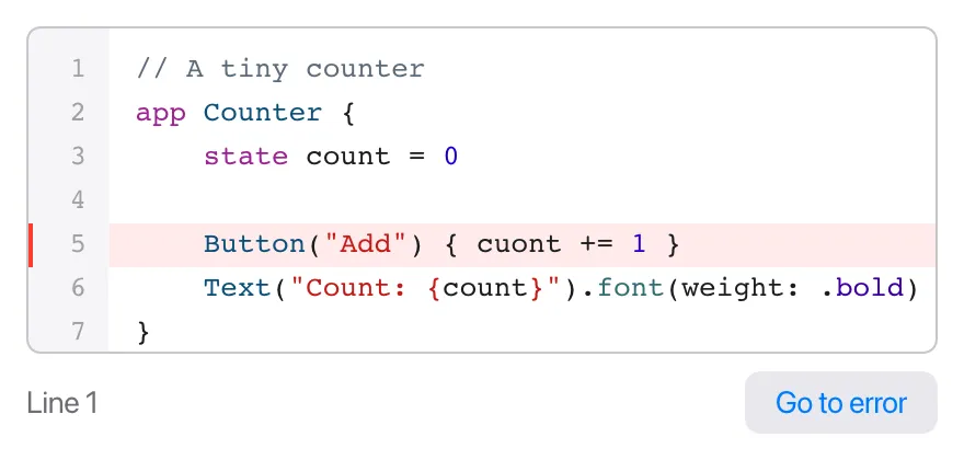 A code editor with line numbers and colored Tessel code; line 5 has a light red background and a red mark in the margin, and the cursor is at the end of that line. Below it, the text "Line 5" and a "Go to error" button