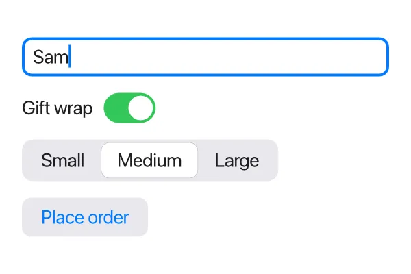 A text field containing "Sam" with a blue focus ring, a "Gift wrap" switch turned on, a segmented control with Medium selected, and a "Place order" button