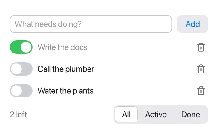 A to-do app with a text field and Add button, three rows with switches (the first switched on and grayed out), trash icons, "2 left", and an All / Active / Done picker